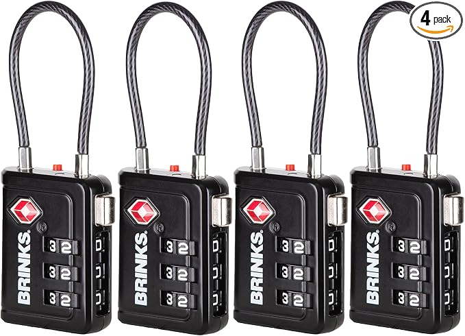Brinks TSA Accepted Indicator Luggage Lock, Black - Resettable 3-Dial Combination, 1.5 inch Long Cable Shackle, New More Secure TSA008 Key, 4 Pack