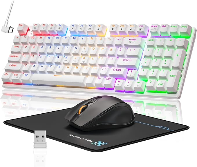Wireless Mechanical Keyboard and Mouse Combo, 98-Key Gaming Keyboard with RGB Backlit, Tri-Mode BT5.0/2.4G/USB-C, 4000mAh Battery, 3200 DPI Gaming Mouse with Mouse Pad for PC, Laptop, Tablet(White)