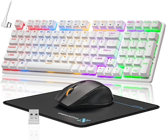 Wireless Mechanical Keyboard and Mouse Combo, 98-Key Gaming Keyboard with RGB Backlit, Tri-Mode BT5.0/2.4G/USB-C, 4000mAh Battery, 3200 DPI Gaming Mouse with Mouse Pad for PC, Laptop, Tablet(White)