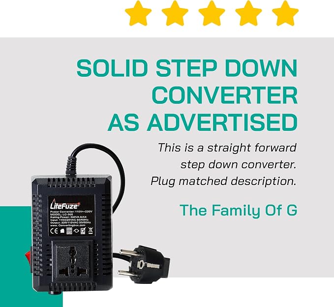 LiteFuze 300 Watt Step Up/Step Down Travel Voltage Converter, 220/110v to 110/220v converter with Type E/F Plug - Compatible with Hair Straightener, Camera, Laptop & More