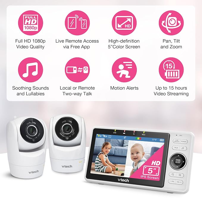 VTech Smart WiFi Baby Monitor, 2 Cameras – See Both Rooms at Home or from Anywhere, Free App, 1080p Split Screen, 5" HD Screen, Pan-Tilt-Zoom, Night Vision | VM901-2