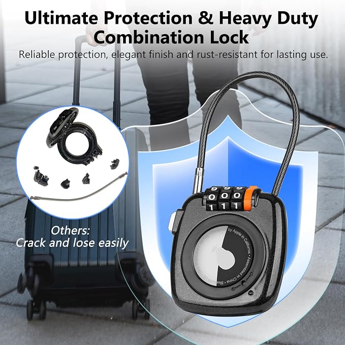 Compatible with Apple AirTag Secure Lock with Wire Cable, 3-Digit Combination Luggage Locks, Alloy Body Ultra Durable Anti-Lost Protective Case for Luggage, Suitcase (Black/Grey)