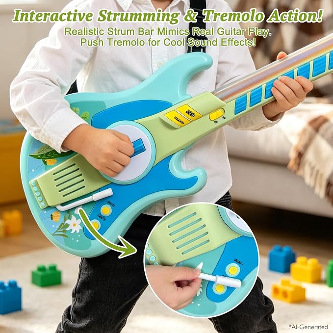Sealive Kids Electric Guitar Toy for Toddlers 3-5, 23 Inch Childrens Guitar | with Strap for Play Guitar, Pretend Concerts, Stage Performance, with Strumming Bar, Tremolo Bar, Light Up Music, Blue