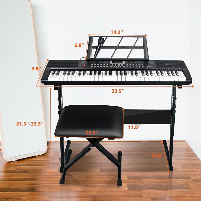 AQNIEGEP 61 Key Electric Keyboard Piano for Beginners w/Light-Up Keys, Gifts, Full Set: Stand, Bench, Headphones, Padded Bag, Note Stickers, 70 Demos, 200 Rhythms/Tones, LED Display