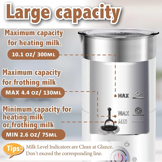 Huogary Electric Milk Frother and Steamer - 4 In 1 Automatic Milk Steamer, 300ml/10.1oz Hot& Cold Foam Maker and Milk Warmer For Latte, Cappuccinos, Macchiato, White
