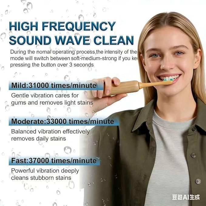 Oscillating Ultrasonic Electric Toothbrush with Bamboo Brush Heads (5 Pack), Sweeping & Vibrating,Type-C Rechargeable, IPX7 Waterproof, 4 Modes for Optimal Oral Care - Perfect Holiday Gift