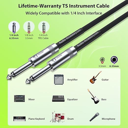 AA AUDIO ACCESSORY Guitar Cable 100 ft, 20AWG 99.99% OFC - A Must for Long Instrument Cable, Nylon Braided Anti-Kinking Kevlar-Reinforced 1/4 Cord, Shielded Bass Cord for Fender Electric Guitar