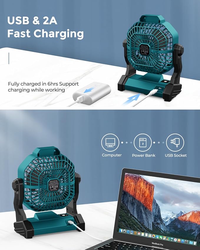 JINLICTE Portable Camping Fan, Rechargeable Battery Powered Tent Fans for Camp Hanging, [13-60Hrs Runtime], 9 Inch, Stepless Speed, Powerful&Quiet, for Picnic, Barbecue, Fishing, Travel, Home, Tent