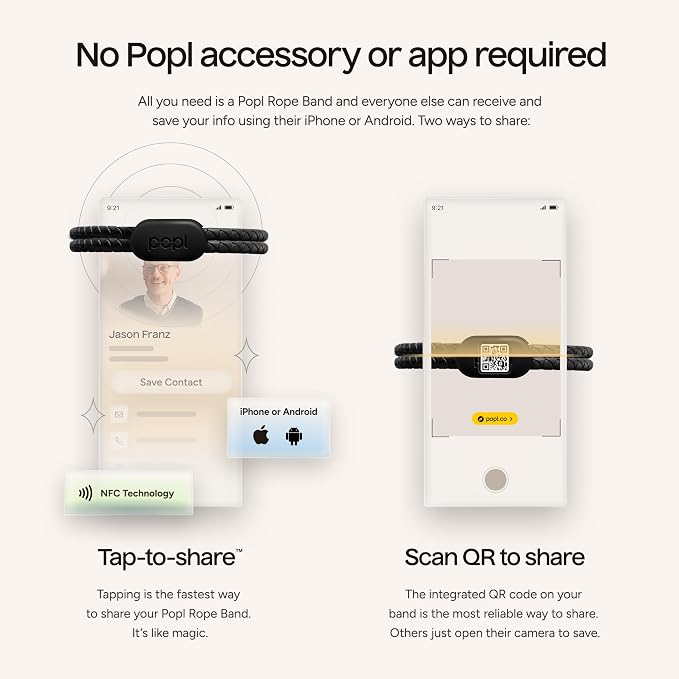 Authentic Patented Popl Bracelet™ (Avoid Fake Knockoffs) - Smart NFC Networking Card - Simply Tap to Exchange Contact Info, Capture Leads, & Manage Contacts (Black Rope Style)
