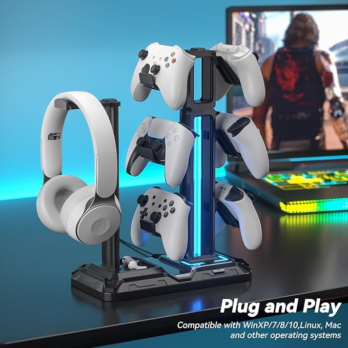 KDD RGB Multi-Controller Holder with 9 Light Modes & Headphone Stand with Charger Port and Multifunctional Storage