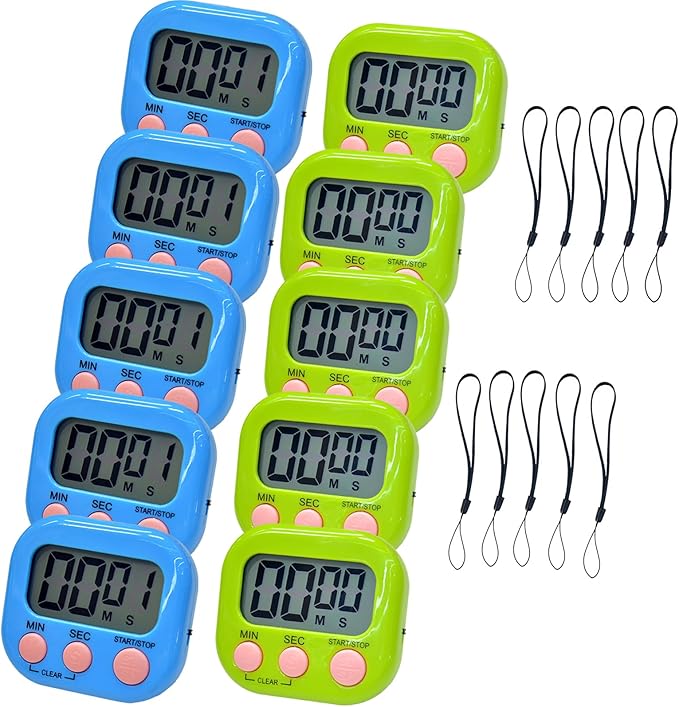 2 Pack Small Digital Kitchen Timer Magnetic Back and On/Off, Classroom Timers for Teachers Kids, Count Up Count Down Loud Alarm Stop Memory Function for Cooking Study Work Exercise (5, Blue+Green)