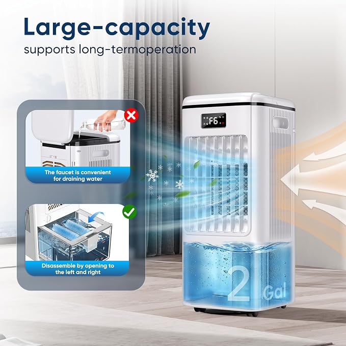 4-in-1 Evaporative Air Cooler, Portable Air Conditioner & Swamp Cooler with 3 Speeds & 4 Modes, 2-Gal Water Tank, Remote and Touch Control, Low-Noise for Indoor Daily Use