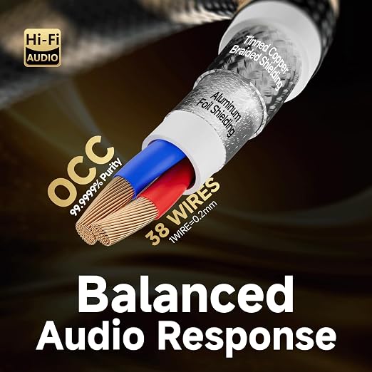 TODN RCA Cables Audiophile 3ft HiFi Stereo RCA Audio Cable for Car, Speaker | O-C-C Core, Dual Shielded, 5μ Gold Plated Plug (3 ft/1m, 1 Pair)