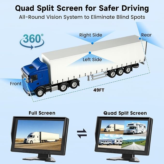 4-Camera Wired Backup Camera System for Truck & RV, 10.1" 1080P Quad Split Monitor, DVR Recording, Night Vision, Waterproof Vibration-Proof for Trailer, Tractor & Heavy Equipment