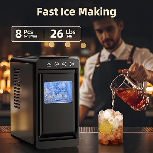 Countertop Portable Ice Maker, 8 Cubes in 6 Mins Fast Ice Making, 26Lbs Ice Per Day Auto Self-Cleaning Ice Machine with Ice Basket & Scoop, Compact Mini Ice Maker for Home Kitchen Office Bar RV Travel