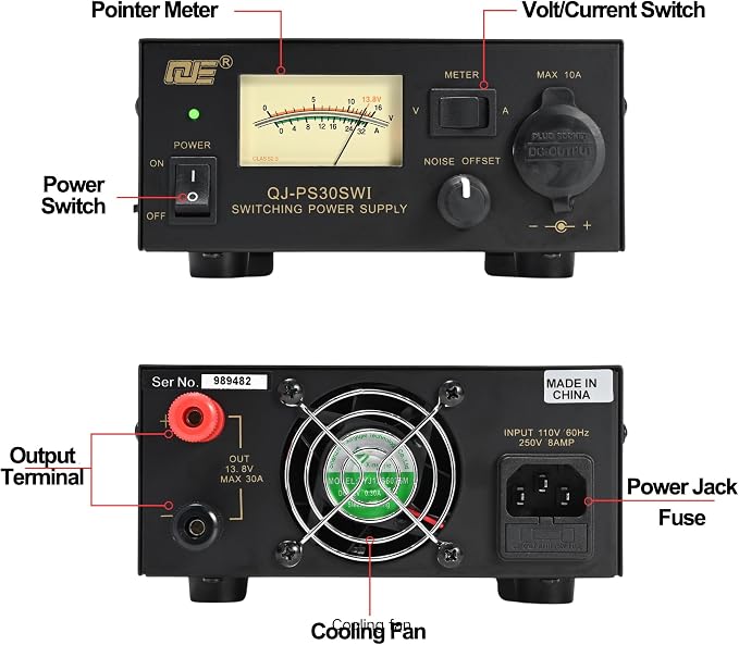 13.8V 30A Bench Power Supply, Ham Radio Switching Power Supply, Regulated Analog DC Power Supply with Cigarette Plug Socket for CB VHF UHF HAM Amateur Radio, Noise Offset Control
