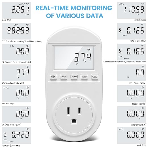 WiFi Electricity Usage Monitor, Zuomeng Plug-in WiFi Power Meter with Sound Alarm, Refrigerator Power Consumption Monitoring and Electricity Bill Statistics