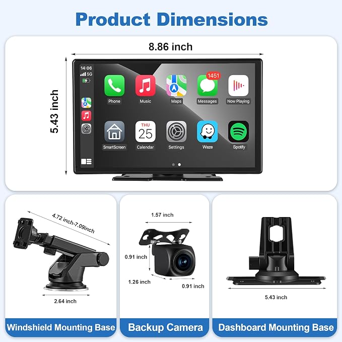 9'' Wireless CarPlay Screen for Car, Apple Car Play & Android Auto Car Stereo HD Touchscreen with 4K Dash Cam & 1080P Backup Camera, GPS Navigation & Mirror Link, for Most Vehicles