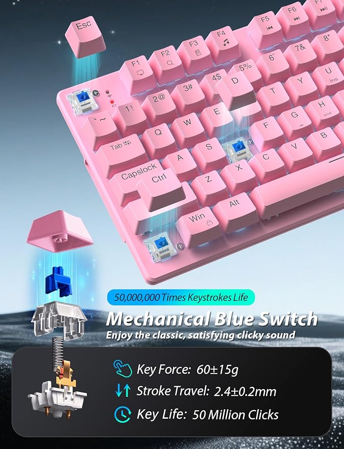 Wireless Mechanical Keyboard and Mouse Combo, 98-Key Gaming Keyboard with RGB Backlit, Tri-Mode BT5.0/2.4G/USB-C, 4000mAh Battery, 3200 DPI Gaming Mouse with Mouse Pad for PC, Laptop (Pink -Light)