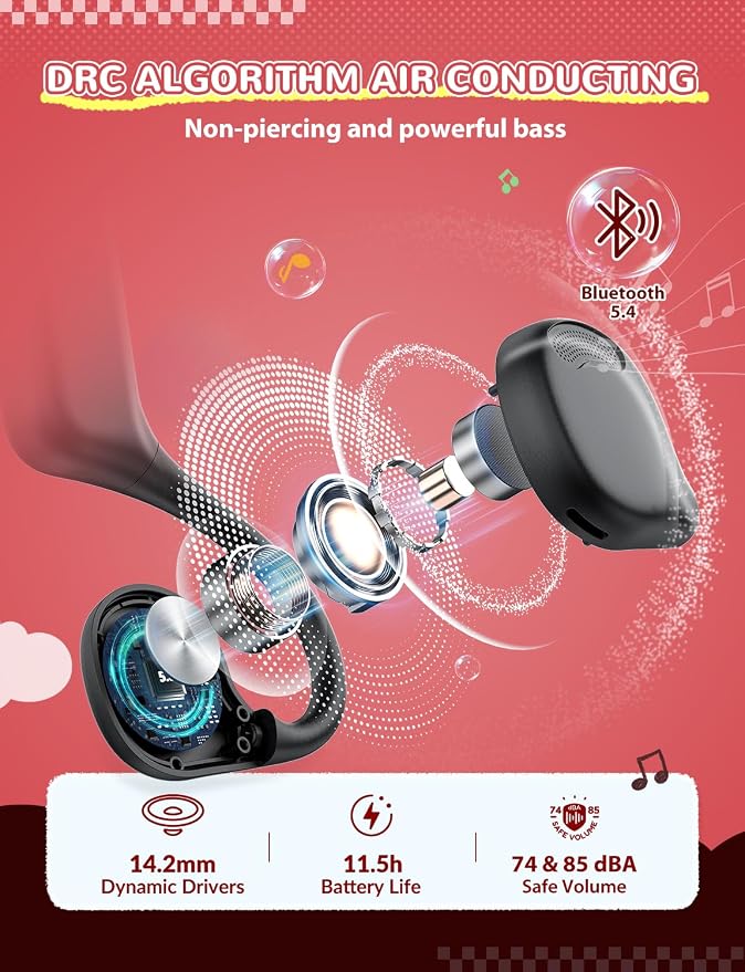 iClever Kids Headphones, Bluetooth 5.4 Air Conduction Open Ear Headphones, Safe Volume 74&85 dBA, Clear Audio, 360° Bending, Ultra-Light Comfortable Kids Bluetooth Headphones for iPad/Outdoor/Sports