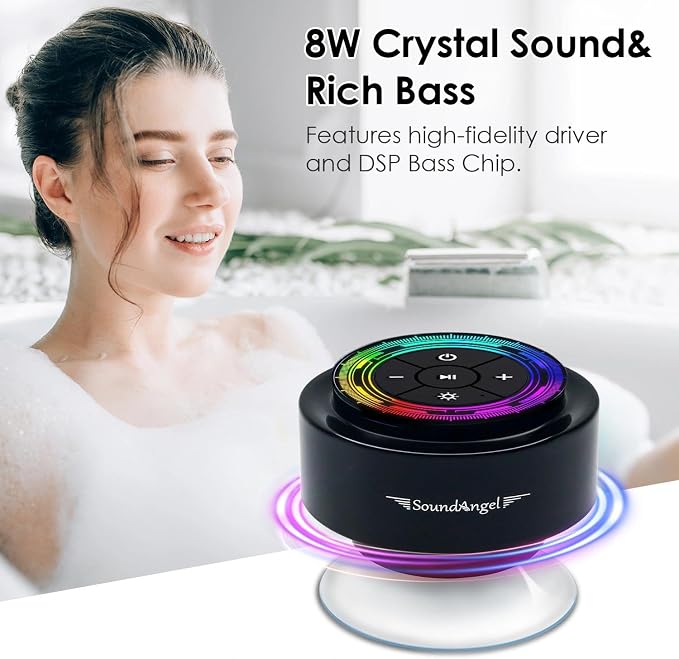 XLeader Pro Bluetooth Shower Speaker (Upgraded) Certified IPX7 Waterproof, 8W Crystal Sound&Rich Bass, 15H Playtime, with RGB Lights, Suction Cup, Silicone Lanyard, Ideal Gifts, SoundAngel Mate(2 Gen)