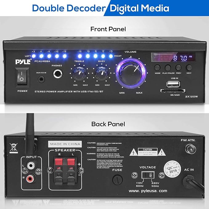 Pyle Home Power Amplifier with Bluetooth Wireless - 2 x 120 Watt Stereo Receiver w/ Blue LED Level Meter, FM Radio, USB-A Input w/ MP3 Player, SD Card In, Aux, RCA, Headphone Jack - PCAU46BA