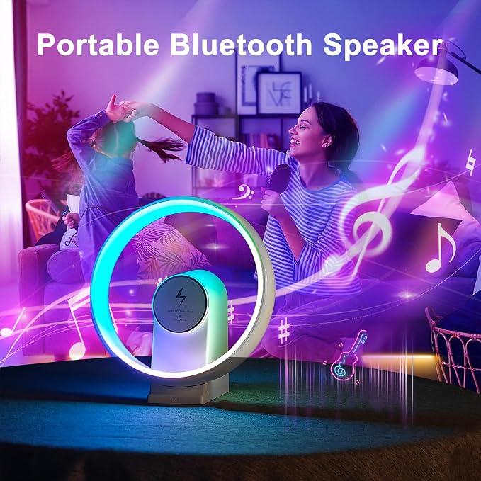 5-in-1 Color Changing Table Lamp, Portable Bluetooth Speaker,15W Wireless Charging Station, Dimmable Night Light, Phone Holder, Christmas Gift for Women, Men, Teen Boy Girl Trendy Stuff