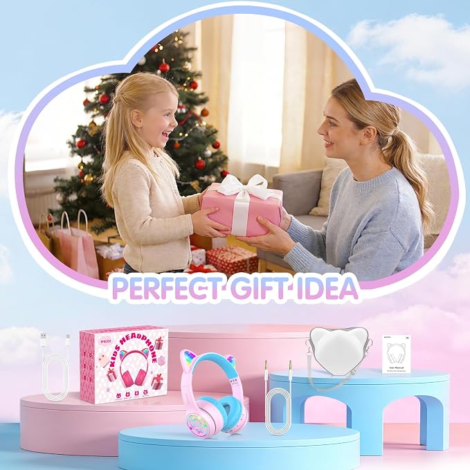 IFECCO Kids Wireless Headphones with Case,Cute LED Light Up Cat Ear Children Girls Bluetooth 6.0 Headphones Volume-limiting for School iPad Tablet Gifts