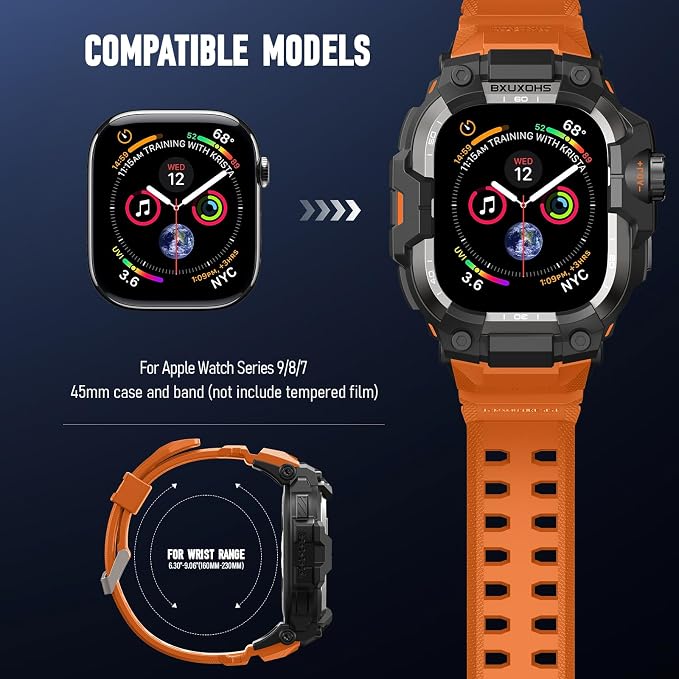 BXUXOHS Rugged Case and Band for Apple Watch 45mm Men, Compatible with Apple Watch Series 9/8/7, Military Grade Shockproof Bumper Cover, Tactical Band Case for iWatch 9/8/7 Man, Orange
