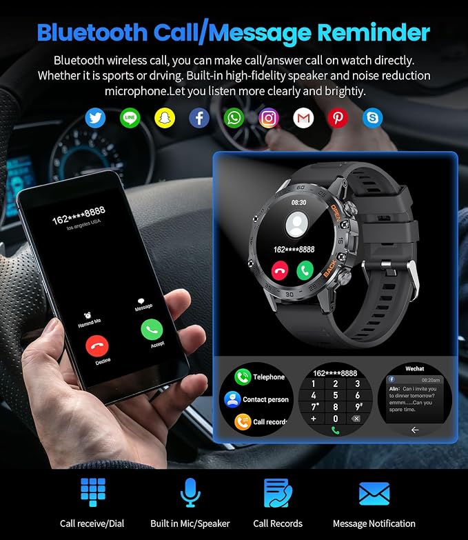 SUNKTA Military Men's Smart Watch (Answer/Dial Calls),100 Sports Modes, 5ATM Waterproof Fitness Watch with Heart Rate/SpO2/Blood Pressure for Android and iOS,1.39''HD Full Screen Smartwatch,Leather