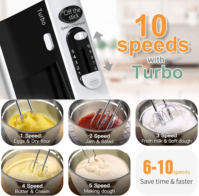 600W Electric Hand Mixer with 6 Piece Mixing Bowls | Mixer Electric Handheld Stainless Steel Metal Nesting Bowls Set for Kitchen Cooking Baking