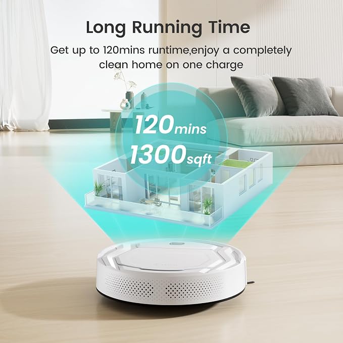 Lefant M210 Pro Robot Vacuum with 2200 Pa Powerful Suction, 6 Cleaning Modes, 120 Mins Runtime, Quiet, Self-Charging, Voice Control, Ideal for Pet Hair and Hard Floor, White