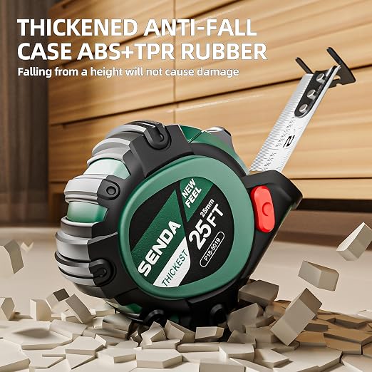 SENDA Tape Measure 25Ft - Heavy Duty Tape Measure with 25mm Wide with Three Stops, High Precision Measuring Tape Retractable Measuring Tape,Rubber for Comfortable Grip, Fraction Markings(1 Pack)