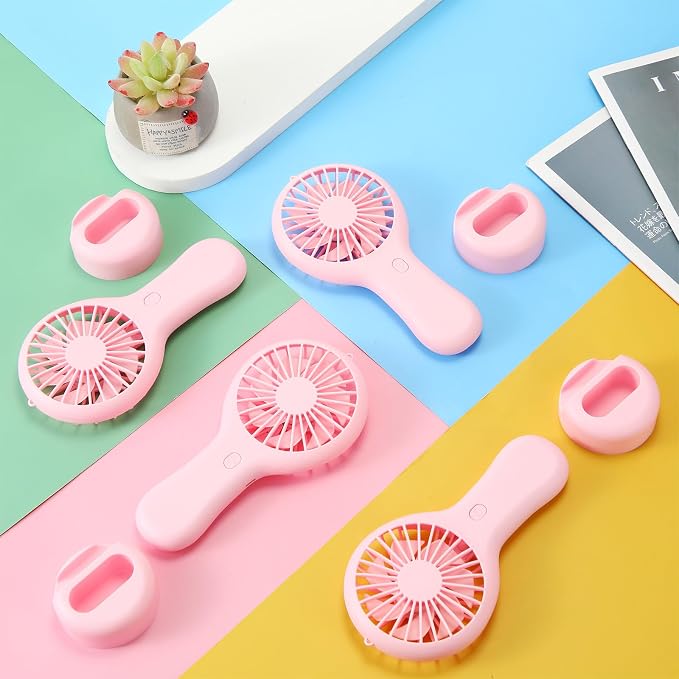 Woanger 12 Pcs Mini Handheld Fan Bulk 3 Speed USB Electric Battery Operated Small Portable Pocket Fan with Data Cable and Mounting Base Quiet Summer Gift for Wedding Camping Travel(Pink)