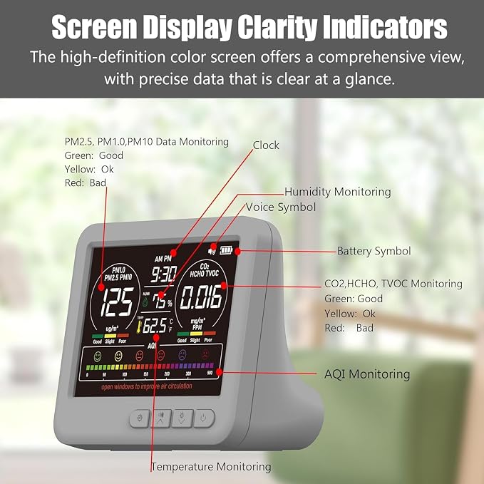 Professional 16-in-1 Portable Indoor Air Quality Monitor with AQI Reminder, Real-Time Air Detector for Home, Bedroom, Office, Car & Daily Use