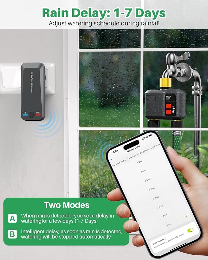 WiFi Sprinkler Timer 2 Zone with 984 Feet RF Gateway/Brass Inlet & Outlet, 2 Outlet Smart Water Timer for Garden Hose with Rain Delay/Manual/Automatic,WiFi Water Hose Timers for Garden & Lawns
