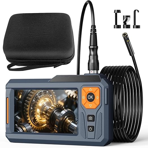 Dual Lens Endoscope Camera with Light, 5‘’ IPS Screen Borescope Inspection Camera with 32GB Card, Photo/Video Recording Snake Camera, Waterproof Semi-Rigid Cable for Automotive Plumbing Drain Wall | 5-Inch Dual Lens Endoscope Camera suitable for mechan...