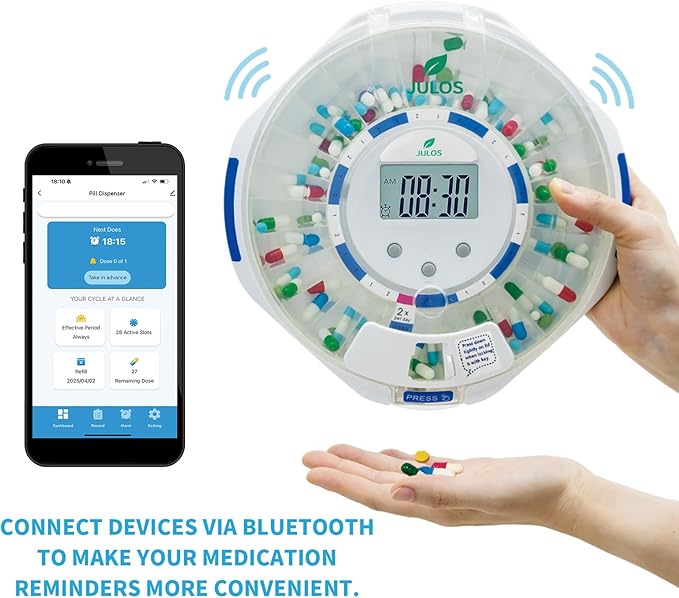 JULOS Bluetooth Automatic Pill Dispenser with Sound/Light/App Alerts for Seniors, Locked 28-Day Medication Organizer, up to 9 Alarms/Day, Pill Dispenser for Vitamins & Supplements & More, Clear Lid