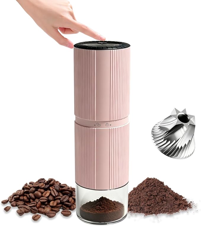 Portable Electric Coffee Grinder, 7-Blade Conical Stainless Steel Burr, 30+ Adjustable Settings, USB-C Rechargeable Cordless Handheld Metal Shell for Espresso & Travel - Pink