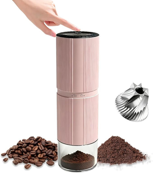Portable Electric Coffee Grinder, 7-Blade Conical Stainless Steel Burr, 30+ Adjustable Settings, USB-C Rechargeable Cordless Handheld Metal Shell for Espresso & Travel - Pink