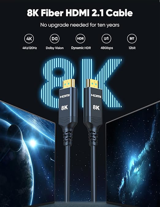 Highwings 8K 4K 120HZ 40 FT HDMI Cable Fiber Optic, Unidirectional in-Wall CL3 Rated Long HDMI 48Gbps High Speed [8K@60Hz] Dynamic HDR/eARC/HDCP 2.2&2.3/3D, Compatible for Desktop GPUs 30&40 Series