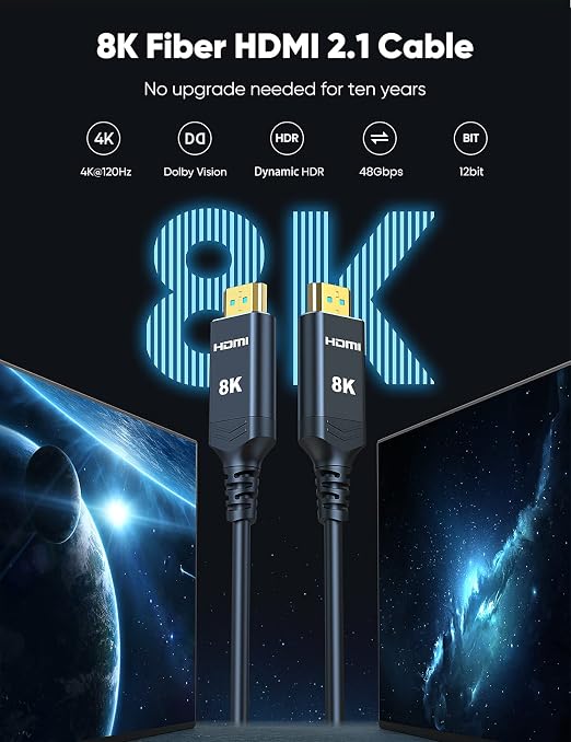 Highwings 8K 4K 120HZ 75 FT HDMI Cable Fiber Optic, Unidirectional in-Wall CL3 Rated Long HDMI 48Gbps High Speed [8K@60Hz] Dynamic HDR/eARC/HDCP 2.2&2.3/3D, Compatible for Desktop GPUs 30&40 Series