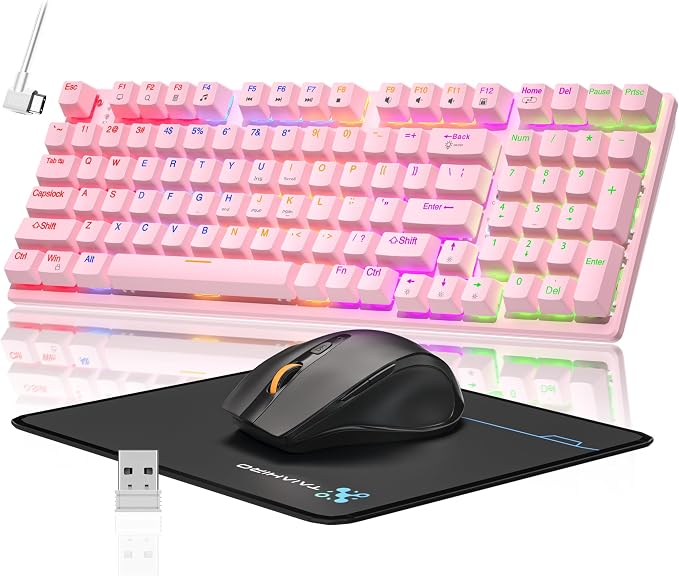 Wireless Mechanical Keyboard and Mouse Combo, 98-Key Gaming Keyboard with RGB Backlit, Tri-Mode BT5.0/2.4G/USB-C, 4000mAh Battery, 3200 DPI Gaming Mouse with Mouse Pad for PC, Laptop (Pink -Light)
