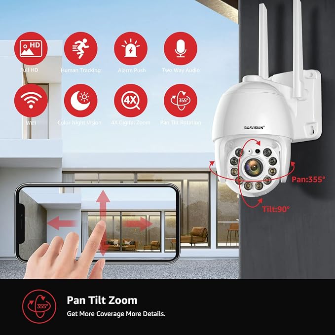 BOAVISION 2K Security Camera Outdoor, Wireless WiFi IP Camera Home Security System 360° View,Motion Detection, auto Tracking,Two Way Talk, pan Tile Full Color Night Vision 5G/2.4G WiFi