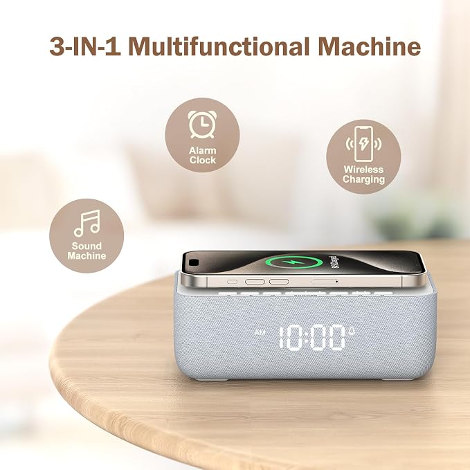 REACHER 15W Fast Wireless Charging Alarm Clock with White Noise Machine │ 20 High-Fidelity Sleep Sounds │ Gradual Wake & Unlimited Snooze │ 0–100% Dimmable Digital Clock for Bedroom & Office