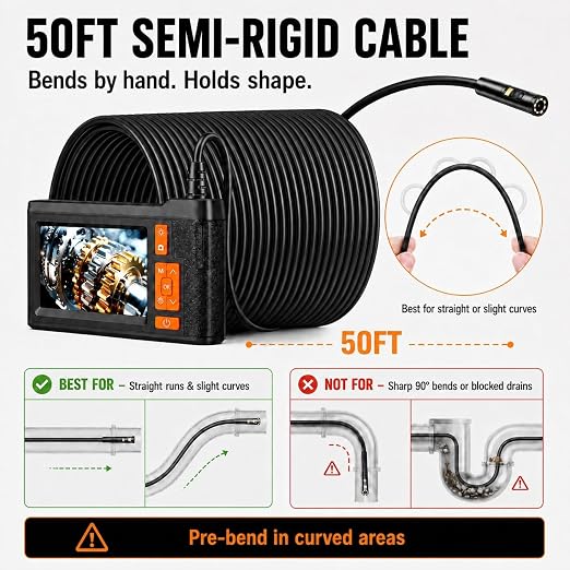 50FT Dual Lens Endoscope Camera with Light, 4.3" Borescope Support 1080P Photo/Video, IP67 Waterproof with 8 LED Lights, Semi-Rigid Inspection Snake Cable for Pipe, Engine & HVAC