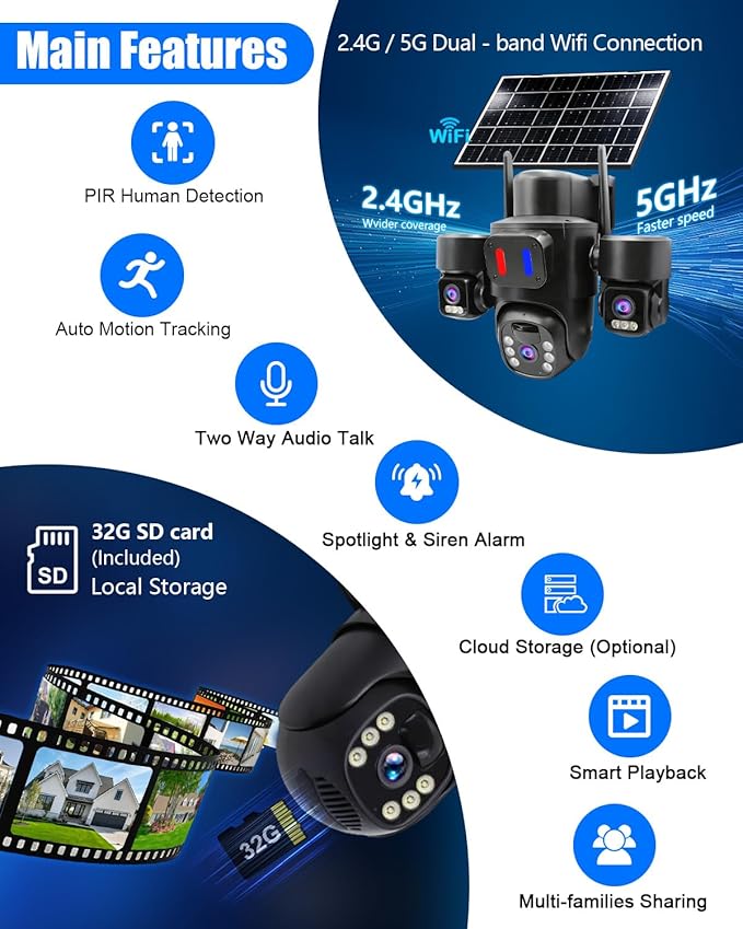 Triple-Lens Solar Security Camera Wireless for Outdoor Use | Triple-Lens Linkage PTZ 360º Coverage, Color Night Vision, PIR Motion Detection,Two-Way Audio, No Subscription Fee