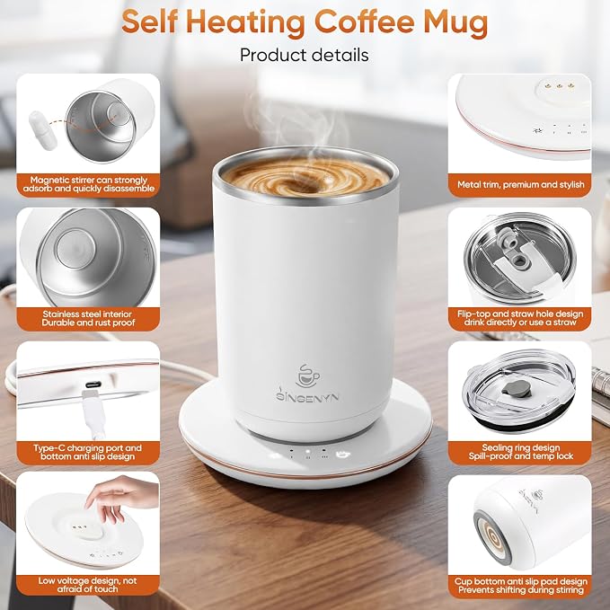 Self Stirring Coffee Mug, Self Heating Coffee Mug, Heated Cup with 3-Level Smart Temperature Control, Auto Shut-Off Electric Coffee Cup Warmer with Detachable Base, Gift for Family Friends (White)