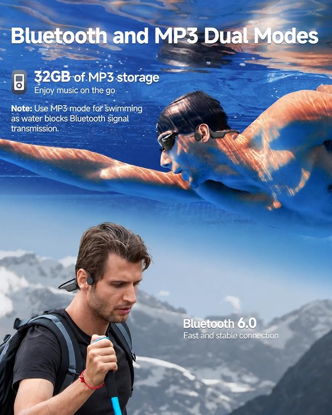 PSIER Bone Conduction Headphones IPX8 Waterproof Swimming Headphones with MP3 Mode 32GB Memory, Open Ear Headphones with AI Music Generation 8 Hours Playtime Bluetooth 6.0 for Running and Fitness