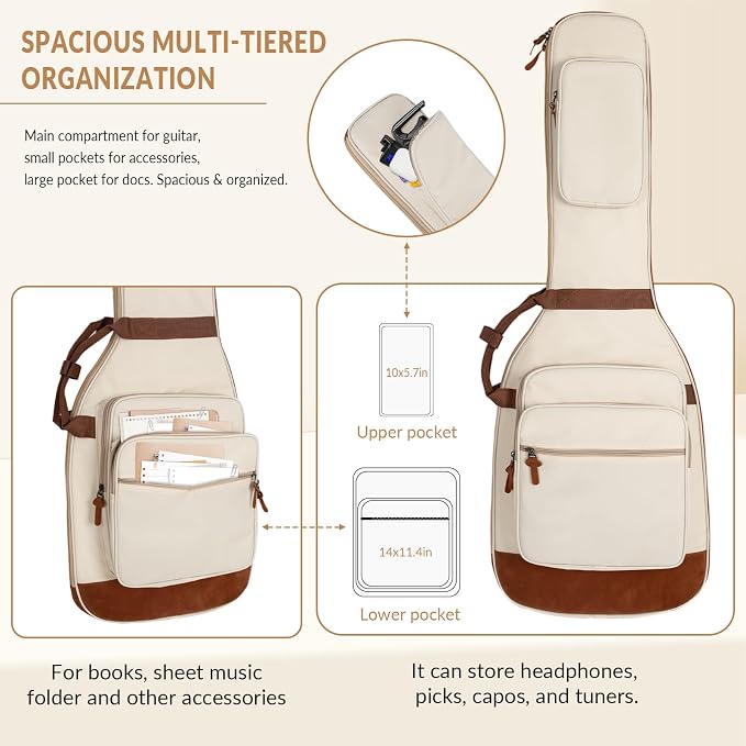 Electric Guitar Bag 0.5 Inch Padding Electric Guitar Case, Electric Guitar Gig Bag Backpack with Neck Strap and 4 Pockets, White